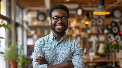 Obraz premium Confident and Successful: A Portrait of a Black Man in Glasses Smiling with Arms Crossed, Confidently Looking at the Camera in an Office Environment. 