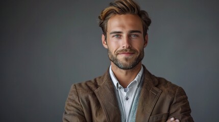 Obraz premium Confident Professional: Portrait of a young, stylish businessman in a brown jacket, exuding confidence and charisma against a grey backdrop. 