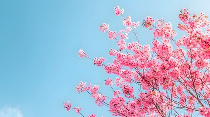Breathtaking photograph of a lush blooming cherry blossom tree with vibrant pink flowers set against a clear bright blue sky  The delicate petals and natural serene landscape create a romantic 