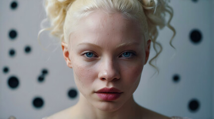 Portrait of beautiful African American female albino model, white Afro, fashion and lifestyle, diversity, people background
