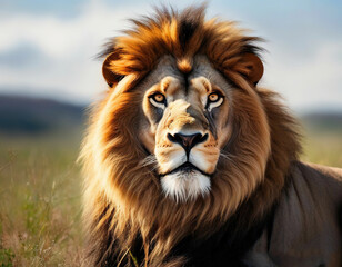 Naklejka premium lion in the wild. looks at the camera.