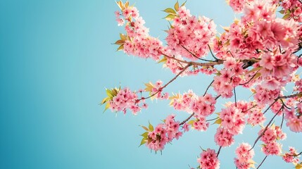 Fototapeta premium Blooming cherry blossom tree with bright pink flowers against a clear blue sky captured with a DSLR The scene is a beautiful and serene natural landscape 