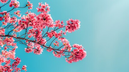 Stunning photo of a blooming cherry blossom tree with vibrant pink flowers and delicate petals set against a clear bright blue sky in a serene natural setting  The lush 