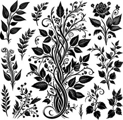 Flower design elements silhouette pattern, black and white decorative Floral design Silhouette Motif Pattern,