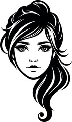 Girl's or woman's face with beautiful hair Black and white silhouette
