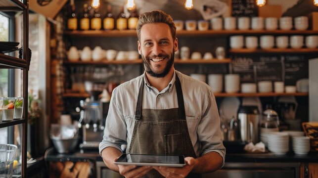 The Smiling Barista: A friendly barista beams with pride, holding a tablet in his bustling coffee shop, embodying the heart of small business and customer service. 