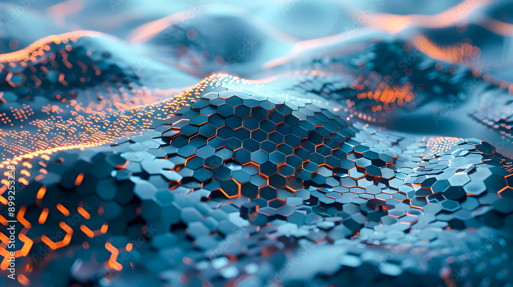 Poster conceptual digital art piece depicting a surreal landscape made of interconnected hexagonal patterns