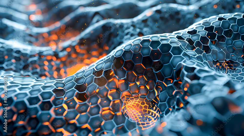 Poster mesmerizing digital landscape of interconnected hexagonal patterns bathed in vivid blue and orange g