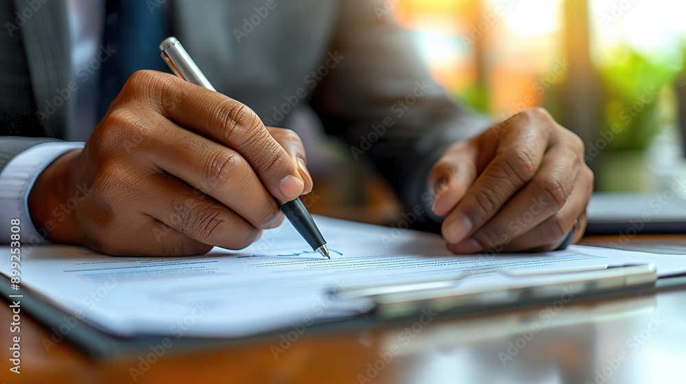 Poster The Art of the Deal: A businessman's hands meticulously review and sign a contract, embodying the essence of decision-making in the corporate world. 