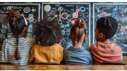 Fototapeta premium Four children of diverse backgrounds sit together, facing a chalkboard filled with colorful educational drawings, fostering collaboration and learning. 