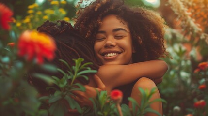 Friends sharing a warm embrace in a beautiful garden highlighting their deep affection and supportive bond