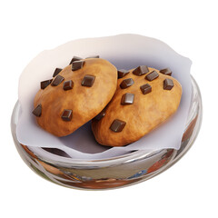 chocolate chip cookies, freshly baked and served in a stainless plate. 3D cute perfect for snack time, parties, and dessert spreads. for food blogs, dessert recipes, and culinary marketing materials.