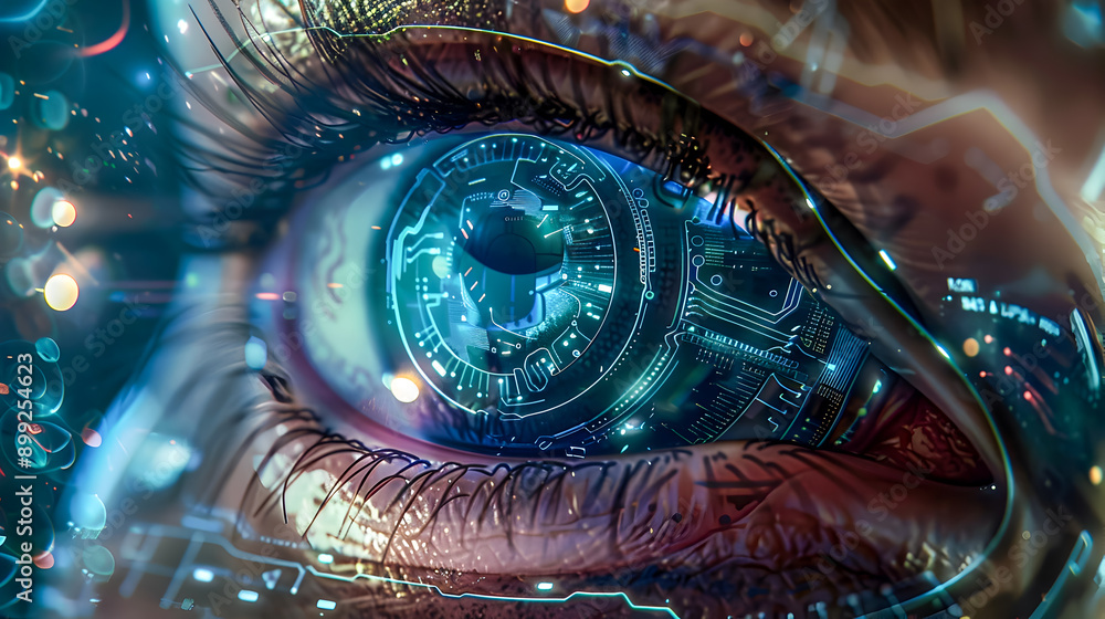 Poster a digital showcasing a human eye with a sophisticated cyberpunk inspired interface the iris and pupi