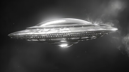A Silver UFO with Glowing Lights and Smoke Trails