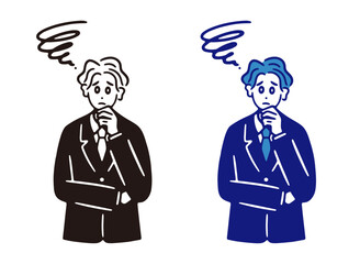 悩むサラリーマンのイラスト　線画単色セット