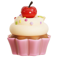decorative cupcake topped with a cherry. whipped cream and sprinkle. Perfect for parties, birthdays, and special occasions. 3D cute cartoon dessert blogs, baking tutorials, and social media posts.