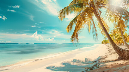 Obraz premium Beautiful tropical beach and sea with coconut palm tree on blue sky in Maldives island - Boost up color Processing 