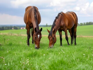 Obraz premium Two brown horses grazing in a green field