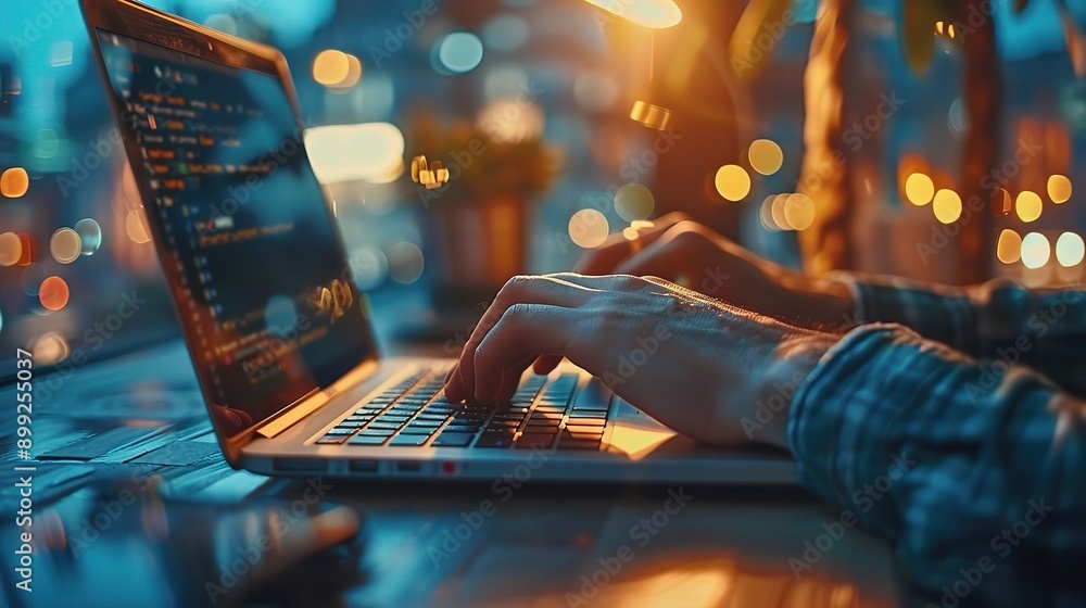 Poster coding through the city lights: hands dance across a laptop keyboard, illuminated by the glow of a v