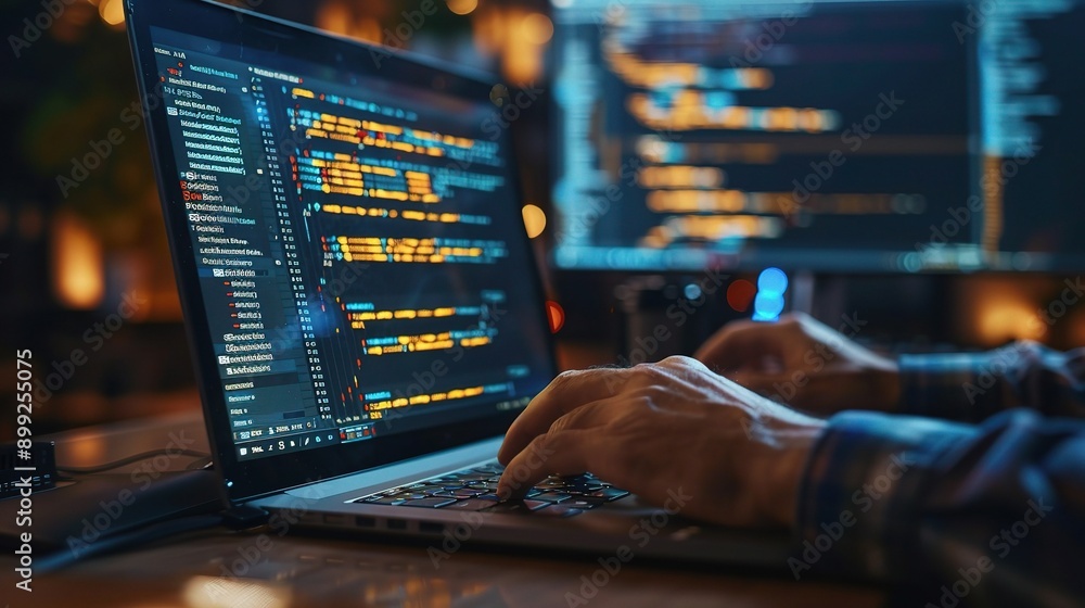 Poster mastering the code: immersed in the digital realm, a software engineer's hands navigate complex code
