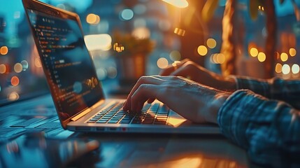 Coding Through the City Lights: Hands dance across a laptop keyboard, illuminated by the glow of a vibrant cityscape, capturing the dedication and focus of a late-night coding session.