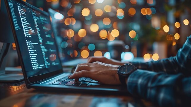 Coding Through the Night: A programmer's hands move rhythmically across the keyboard, illuminated by the glow of a laptop screen filled with code