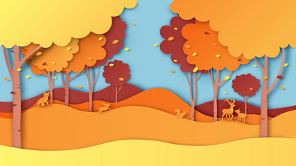 Natural landscape of Autumn forest with wild animals. Autumn landscape. paper cut and craft style. vector, illustration.