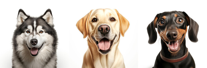 husky, Labrador,  dachshund isolated white background. Generated Ai
