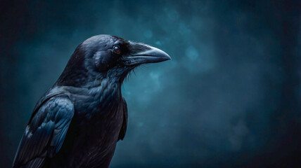 Obraz premium Crow against a Dark Background Blue Green Black Bird