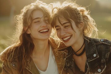Obraz premium Genuine Friendship: Happy Women Laughing Candidly Under Natural Light