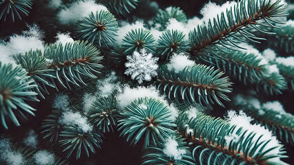 snowflakes delicately sitting on the dark green boughs of an evergreen tree