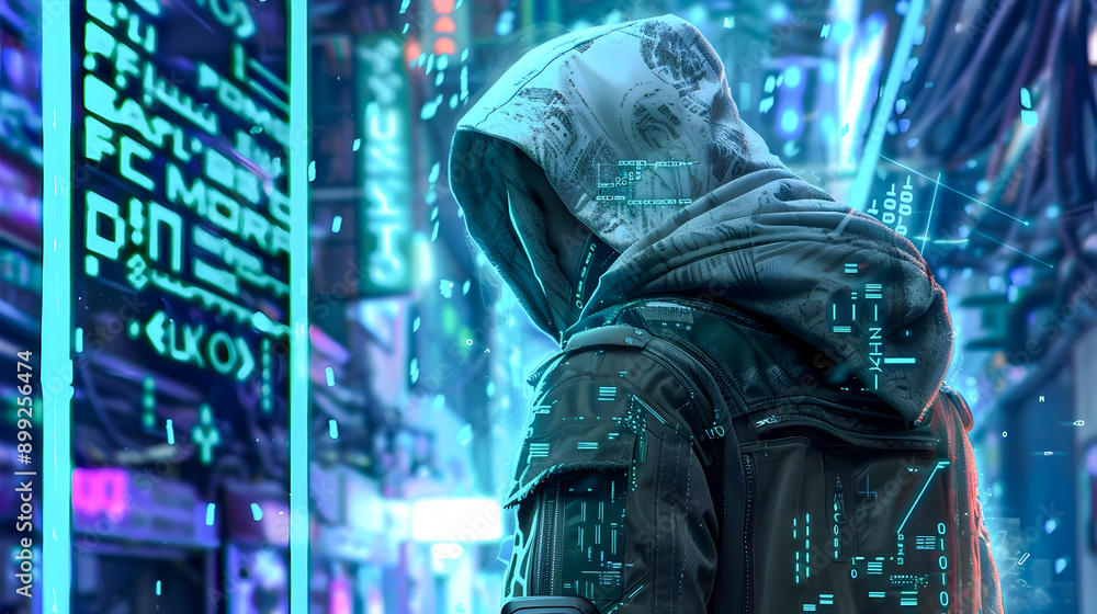 Poster of a hooded cyber hacker surrounded by floating digital codes holographic screens and neon lights in
