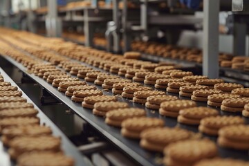 Obraz premium ai generative rows of biscuits on the factory conveyor