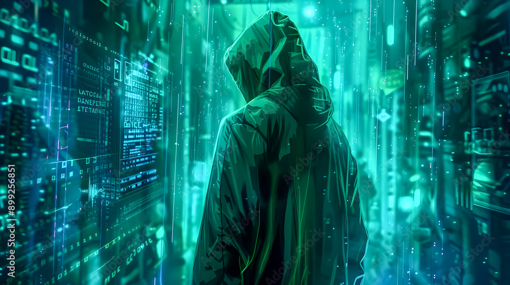 Poster an of a hooded hacker surrounded by floating digital codes and holographic screens in a dimly lit un