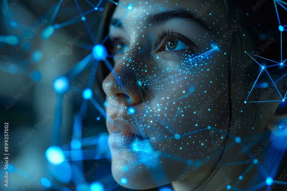 Poster digital transformation: business professional embracing ai innovation in glowing data environment