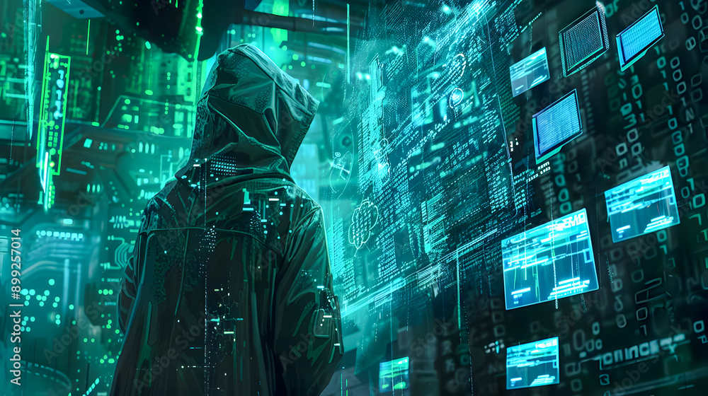 Poster digital of a hooded hacker figure surrounded by floating digital codes holographic screens and neon 