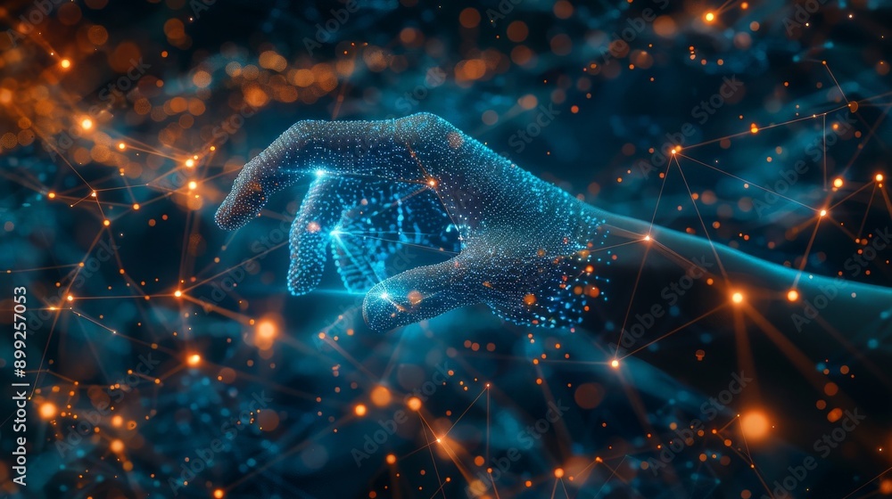 Poster embracing the digital future: hand interacting with glowing digital network in abstract background