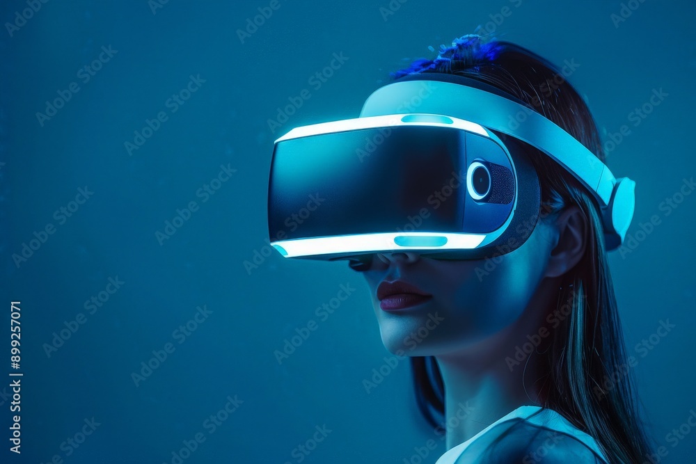 Poster digital immersion: person interacting with virtual reality headset in futuristic tech concept on vib