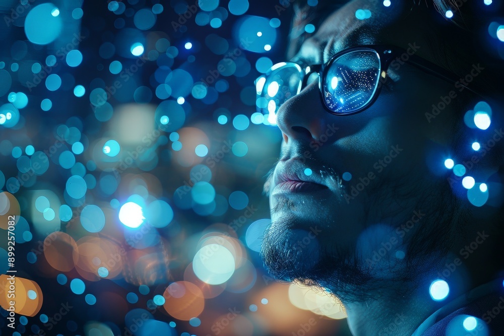 Poster digital transformation: business professional in tech world surrounded by glowing data points in blu