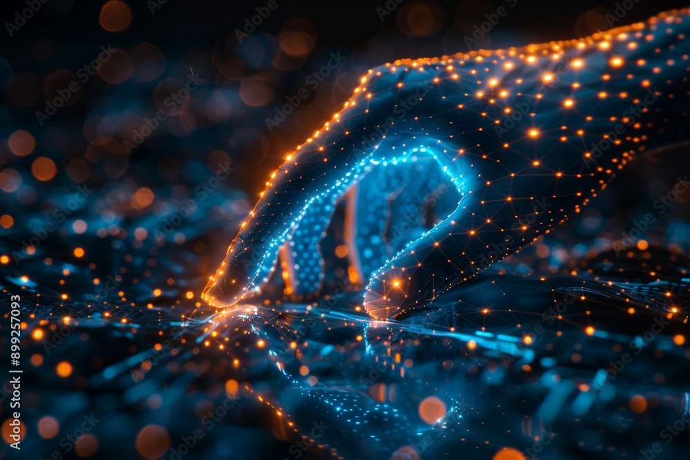 Poster futuristic interaction: abstract innovation background with realistic hand in glowing network