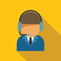 Male call center operator wearing headset on yellow background