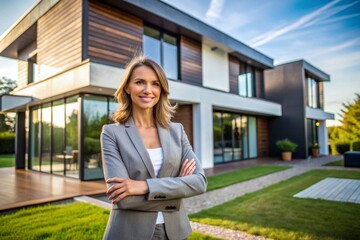 Fototapeta premium A woman in a suit stands in front of a large house, smiling