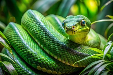 Obraz premium A green snake is curled up on a leafy green plant