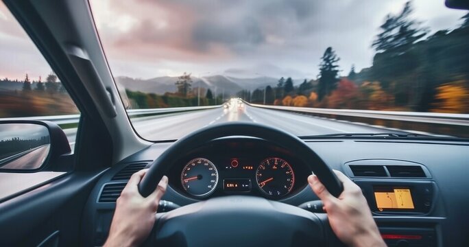The driver point-of-view perspective from a driving car on a highway asphalt, captures the sense of motion and travel