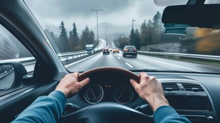 The driver point-of-view perspective from a driving car on a highway asphalt, captures the sense of motion and travel