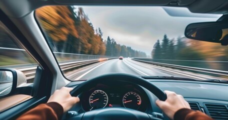 The driver point-of-view perspective from a driving car on a highway asphalt, captures the sense of motion and travel