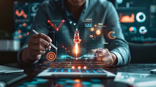 Business growth concept. Businessman using a stylus to interact with a digital growth chart displaying various business metrics and icons, including a rocket and target, business growth, and success.
