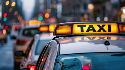 Fototapeta premium A close-up of the tops of several white taxi cabs, with black signs