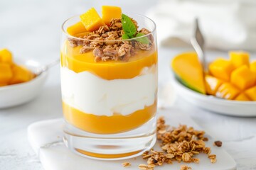 Mango Yogurt Parfait with Granola and Fresh Mint on White Table