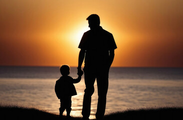 Happy family, father and son in the park silhouettes. Silhouette of people outdoors. Father holds his son's hand. father's day Dream of the freedom of the outdoors. Parent with little son.